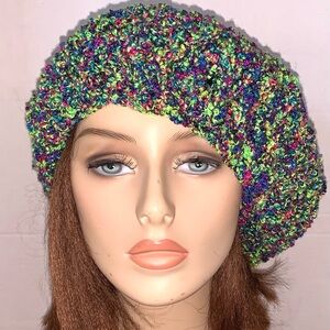Green multi color handmade hat cozy soft